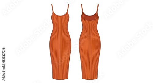 Stylish Tangerine Ribbed Knit Dress Displayed Front and Back Views on a White Background for Online Fashion Catalog Showcase