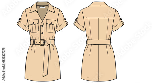 Stylish belted safari dress illustration, perfect for fashion design presentations and technical garment drawings conveying contemporary attire