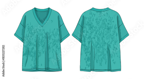 Aqua V-Neck Tunic Design with Pleats and Subtle Textured Pattern on Front and Back Views Depicted Creatively