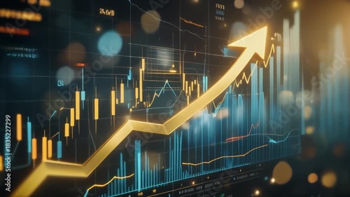 Digital Financial Chart with Upward Trending Golden Arrow and Data Visualizations stock market trading