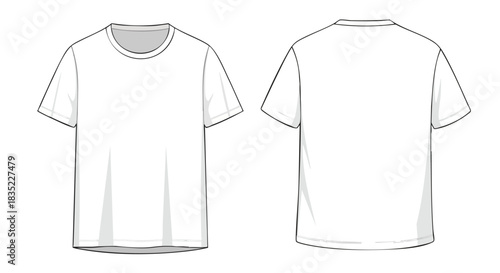 White round neck short sleeve t-shirt template vector drawing showcasing both the front and back views for apparel design mockups