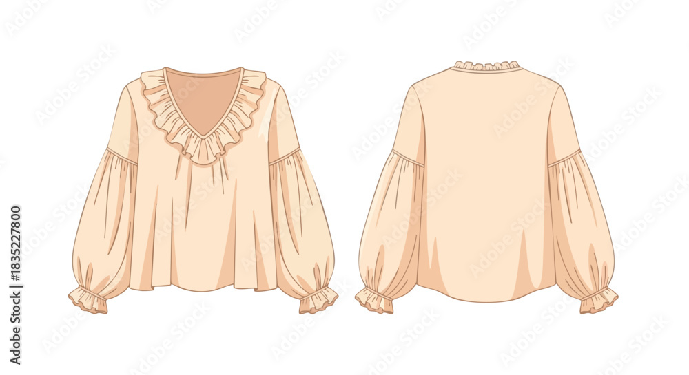 Obraz premium Elegant Cream Blouse with Ruffled V-Neck and Balloon Sleeves Fashion Design Illustration