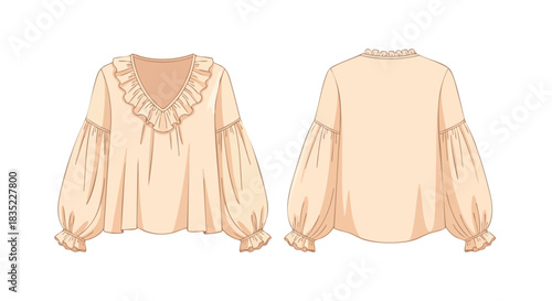 Elegant Cream Blouse with Ruffled V-Neck and Balloon Sleeves Fashion Design Illustration