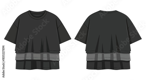 Fashionable layered black t-shirt design with front and back view for presentation and style guides illustration isolated on white backdrop