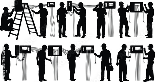 Silhouettes of electricians connecting wires and repairing electrical panels representing construction, maintenance, engineering, and skilled labor