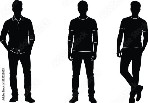 Casual male silhouettes, standing poses, black shadow figures, relaxed posture, fashion style, minimal vector art, group identity, modern attitude