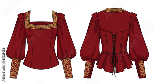 Renaissance-Inspired Ruby Blouse: A Digital Fashion Design Exploration Featuring Ornamented Edges and Flattering Silhouette with Corset Detail