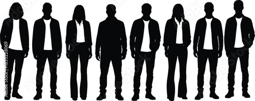 Casual people silhouette, diverse group vector, minimal black illustration, fashion pose, identity theme, scalable art, posture study, white background