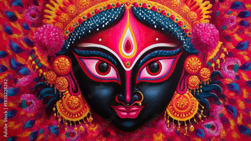 Naklejka premium Vibrant painting of a hindu goddess face with a third eye and traditional indian jewelry