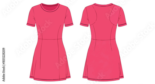 Technical fashion drawing showcasing a pink t-shirt dress, front and back views displaying design details for apparel industry and manufacturing