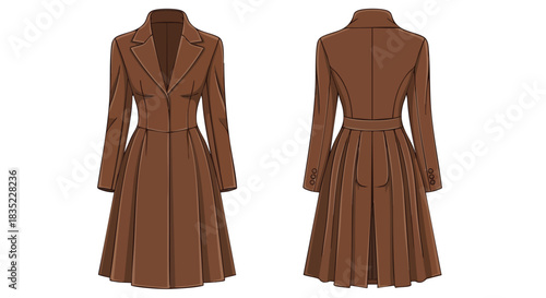 Elegant Trench Coat Illustration Showcasing Front and Back Design on a Clean White Background