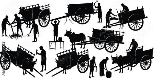 Bullock, cart, construction, silhouette, posture, tool, oxen, rural, hammer, saw, assemble, paint, vector, black, pose, setup, agriculture, tradition, manual, flavector