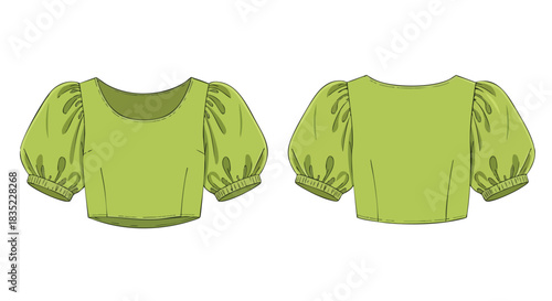Illustration of an avocado-colored crop top with short, puffed sleeves showing both front and back views highlighting design details showcasing