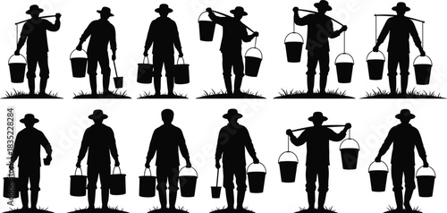 Bucket, carrying, silhouette, posture, gesture, pole, hand, shoulder, rural, grass, boots, hat, field, vector, black, pose, setup, manual, traditional, flavector