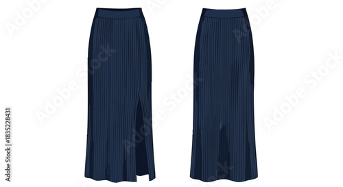 Elegant pleated maxi skirt in navy blue with side slit, front and back view displaying modern fashion design