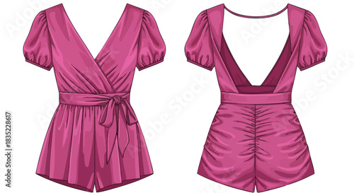 Magenta Romper Fashion Illustration with Surplice Neckline and Open Back Detail Showing Front and Back View