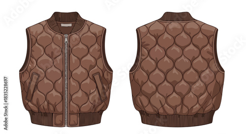 Front and back view of an earth-toned quilted vest illustration against a clean backdrop providing a clear and detailed view