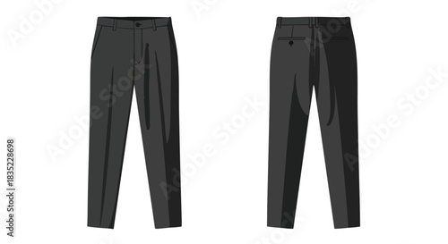 Elegant Charcoal Trousers: Front and Back Views on a Clean White Backdrop, Stylish and Versatile Attire for Modern Professionals