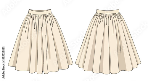 Technical drawing showcasing the front and back view of a beige skirt featuring gathered details and classic style elegance