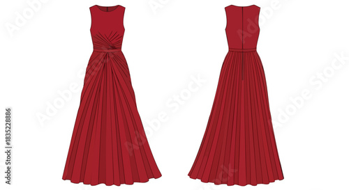 Elegant red gown with flowing pleats showcasing sophisticated formal wear design on clear background