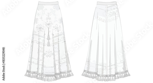 Detailed illustration of a white floral and geometric lace skirt showcasing its front and back design, ideal for fashion design