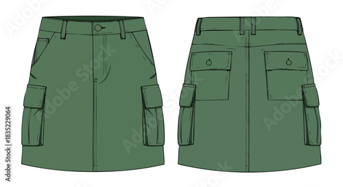 Illustration of an olive green cargo skirt, front and back views displayed side by side on a white background
