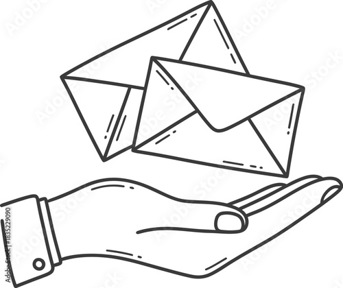 Hand holding two sealed envelopes, conveying new message, email, or direct mail delivery service in doodle line art style.