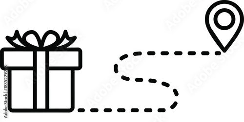 Gift delivery tracking icon, present box, location pin, dashed route path. e-commerce shipping, logistics, destination journey symbol illustration.
