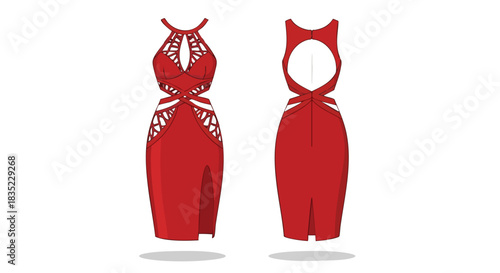 Striking red dress with intricate cutouts, showcasing a modern and bold fashion statement suitable for evening wear or special occasions