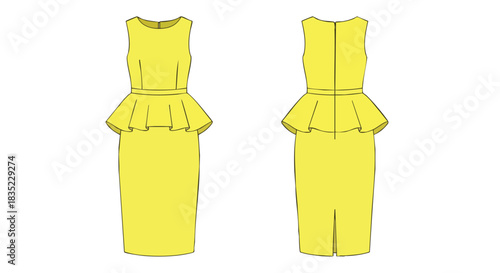 Vibrant Yellow Peplum Dress Illustration Exhibiting Contemporary Fashion Design and Tailoring Elements and Modern Aesthetic, Front and Back View