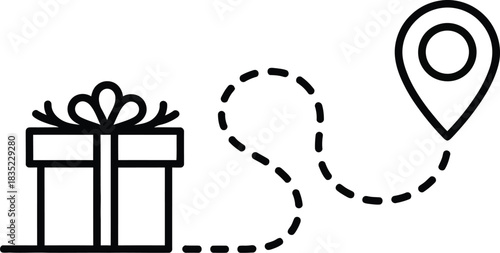 Gift delivery tracking service icon depicting a present box connected by a dashed path to a location pin symbol, ideal for e-commerce and logistics concepts.
