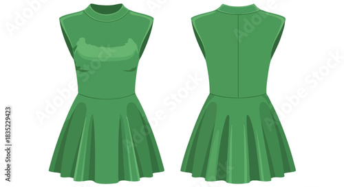 Elegant green skater dress showcasing front and back views on a clean white background, emphasizing its design and form