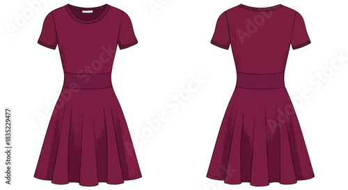 Stylish claret dress presentation with front and back views for fashion catalogue showcases the elegant design, perfect for online retail
