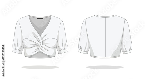 Elegant White Knot Front Crop Top Fashion Design, Front and Back Technical Drawing for Apparel Presentation