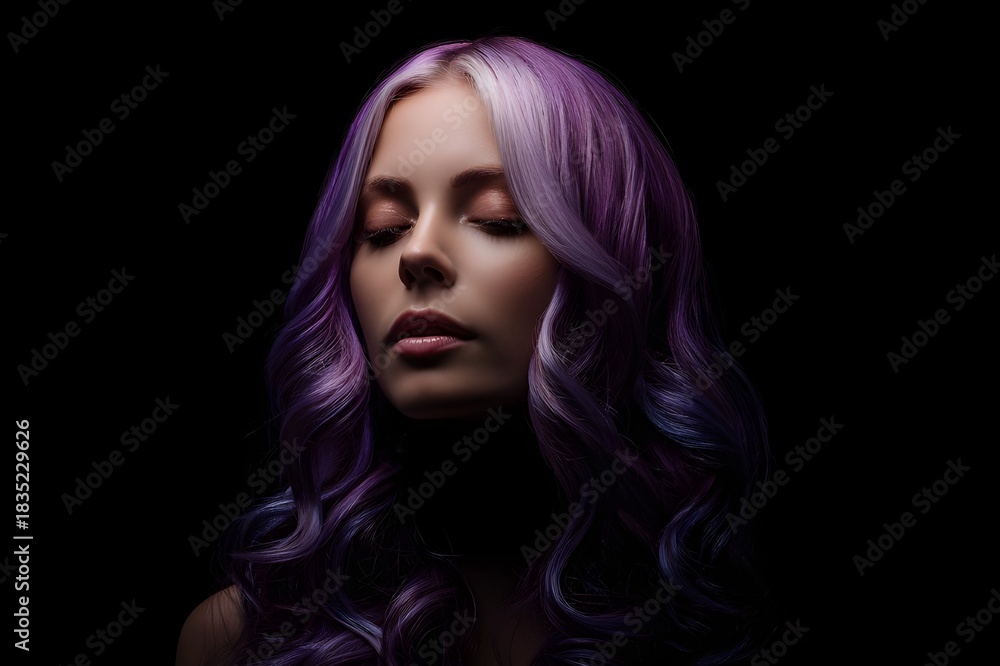 Fototapeta premium Woman with wavy, bleached, liquid purple roots. The face is calm and symmetrical, illuminated with cinematic precision against a pitch black background with the image evoking beauty and elegance