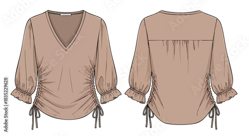 Detailed Fashion Illustration: Front and Back View of a Beige V-Neck Blouse with Drawstring Sleeves