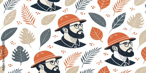 Seamless pattern of bearded men with hats and glasses surrounded by leaves in warm earth tones