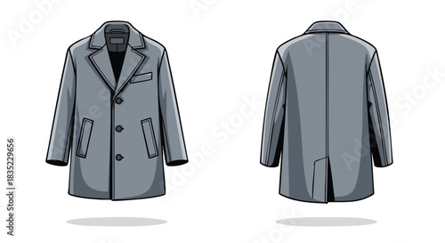 Illustrative depiction of a sophisticated grey overcoat showcasing front and back views on a clean backdrop