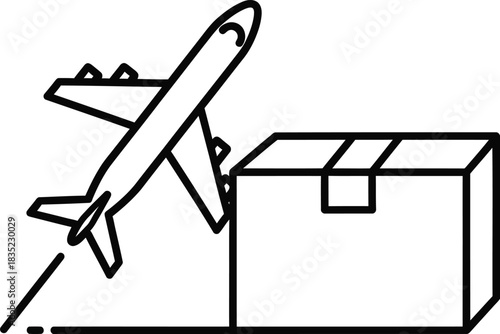 Air cargo delivery concept line icon with airplane carrying a package. global shipping logistics and express mail service. fast transportation symbol.