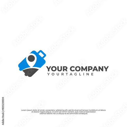 Simple yet elegant travel logo with a suitcase and world map.