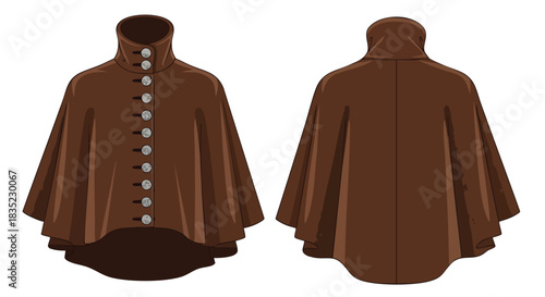 Fashion Illustration: Brown Buttoned Cape with High Collar - Front and Back View design concept