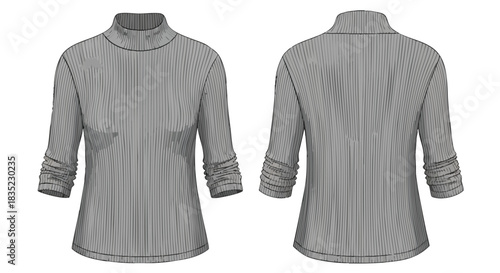 Grey pleated knit top featuring a mock turtleneck and three-quarter sleeves, showcase front and back views against a clean white background