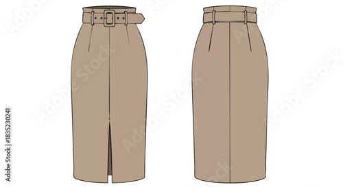 Sophisticated pencil skirt design illustration showcasing front and back views for apparel creation and style concepts