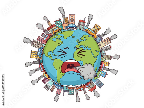 Sick planet Earth coughing smoke Earth, planet, pollution, sick, global warming