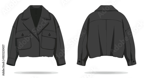Detailed vector illustration showcasing the front and back of a stylish cropped jacket with distinct pocket details and design lines
