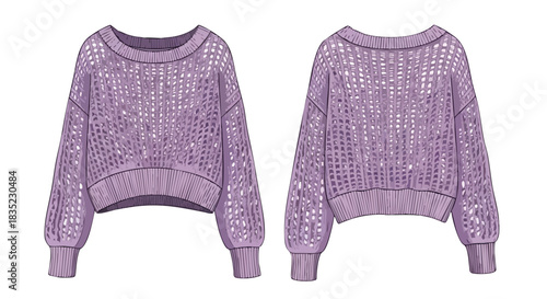 Fashionable lilac open-knit sweater front and back view illustrating contemporary garment design and texture with an openwork pattern for modern