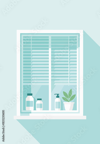 Vertical clinic window with blinds and medicine bottles. Flat design graphic for healthcare. Medical interior concept