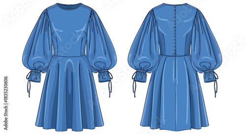 Elegant Blue Dress with Bishop Sleeves: Fashion Illustration of a Stylish Design with Buttoned Back and Flared Skirt