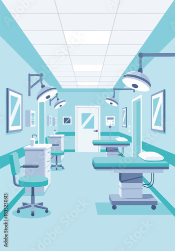 Vertical hospital interior with operating room equipment. Clinic hallway with surgical lights and beds. Flat design graphic