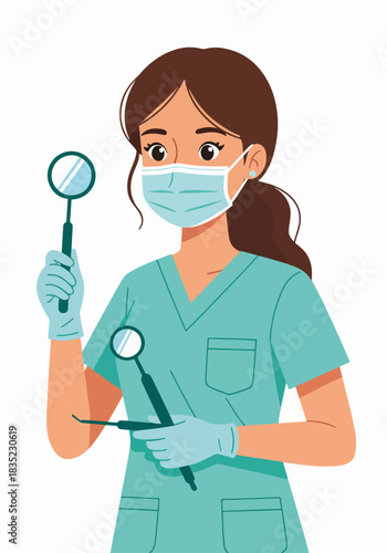 Female dental assistant holding mirror and probe tools. Medical healthcare professional in scrubs and mask. Flat design character isolated on white background